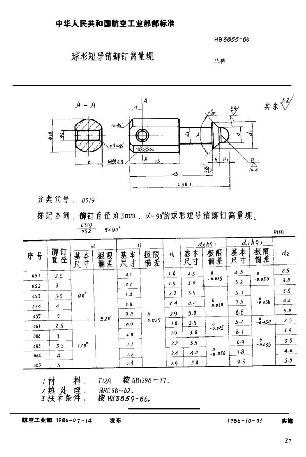 球形短导销铆钉窝量规 (HB 3855-1986)