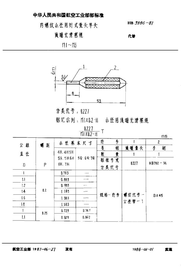 内螺纹小径用针式量头单头通端光滑塞规 M1～M3 (HB 3996-1987)