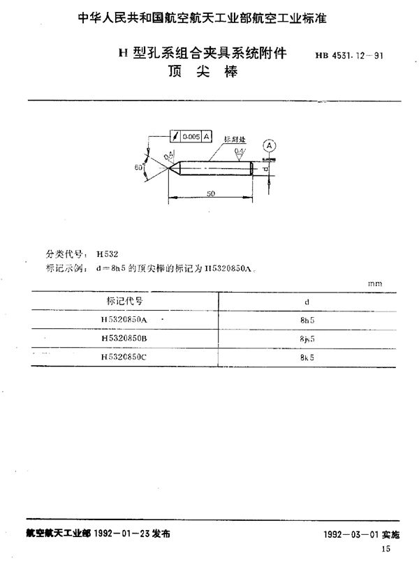 H型孔系组合夹具系统附件 顶尖棒 (HB 4531.12-1991)