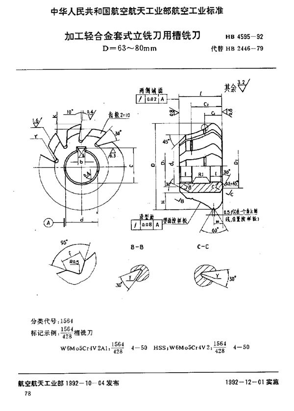 加工轻合金套式立铣刀用槽铣刀 D=63～80mm (HB 4595-1992)