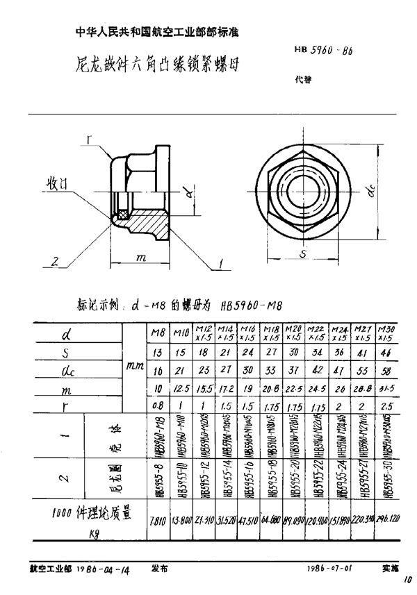 尼龙嵌件六角凸缘锁紧螺母 (HB 5960-1986)