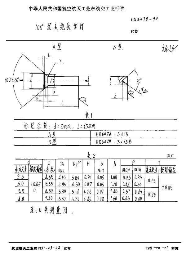100°沉头纯钛铆钉 (HB 6478-1990)