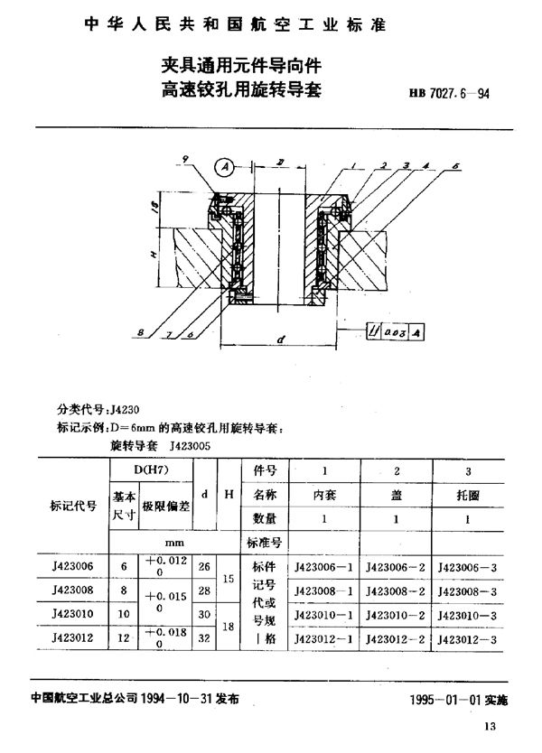 夹具通用元件导向件高速铰孔用旋转导套 (HB 7027.6-1994)
