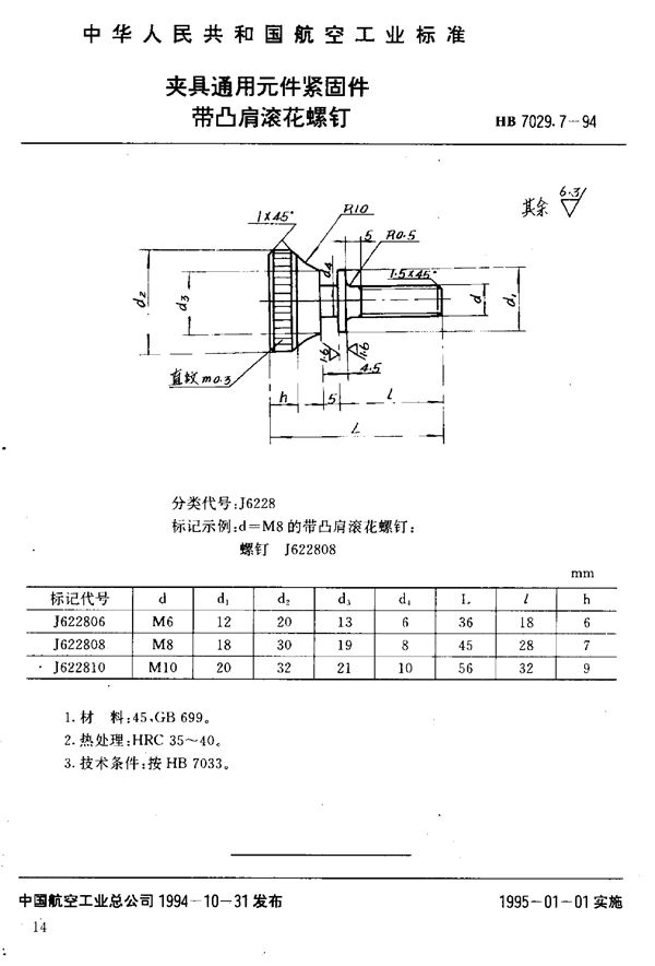 夹具通用元件紧固件带凸肩滚花螺钉 (HB 7029.7-1994)