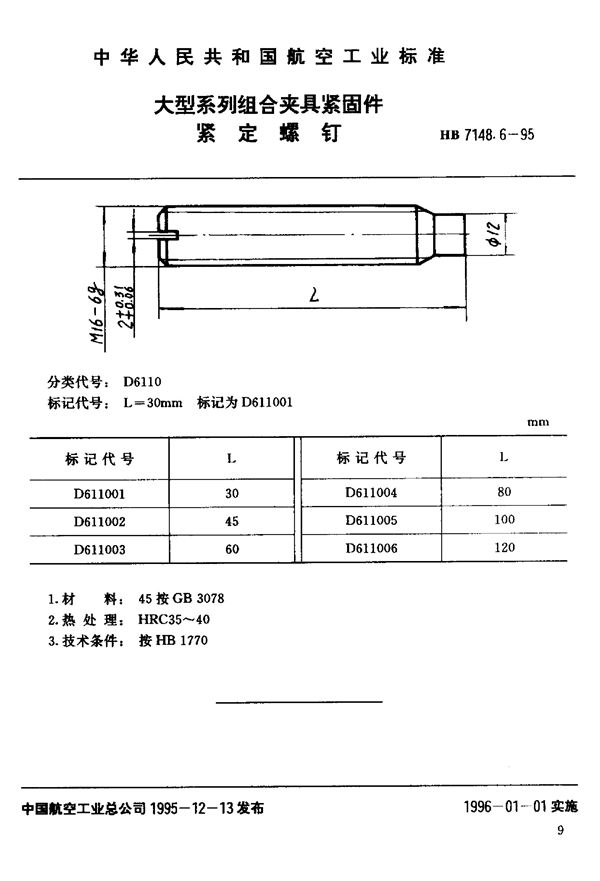 大型系列组合夹具紧固件 紧定螺栓 (HB 7148.6-1995)