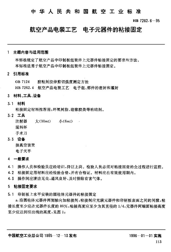 航空产品电装工艺 电子元器件的粘接固定 (HB 7262.6-1995)
