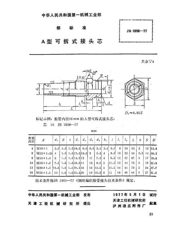 a型可拆式接头芯 (JB 1898-1977)