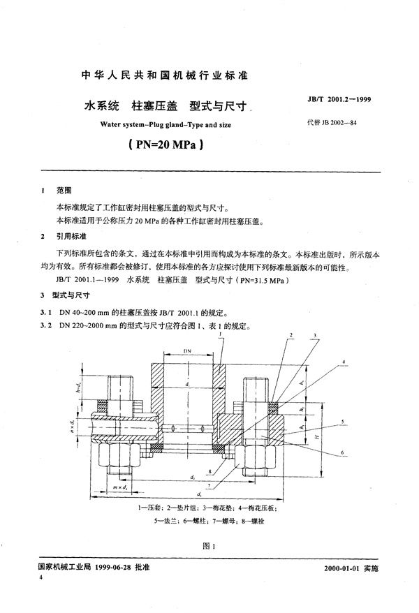 水系统 柱塞压盖 型式与尺寸(PN=20MPa) (JB/T 2001.2-1999）