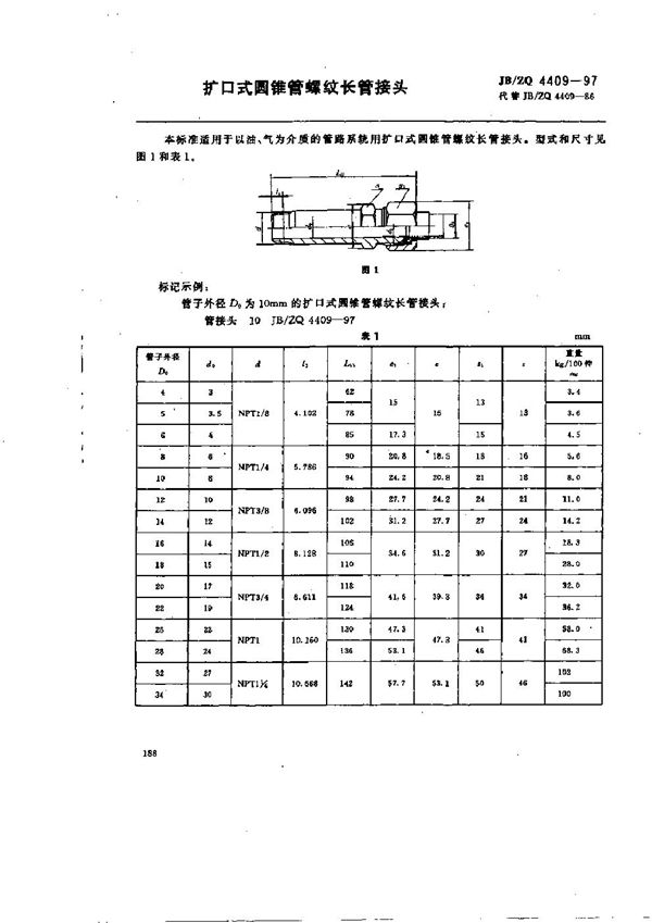 卡套式圆锥管螺纹长管接头 (JB/ZQ 4409-1997)