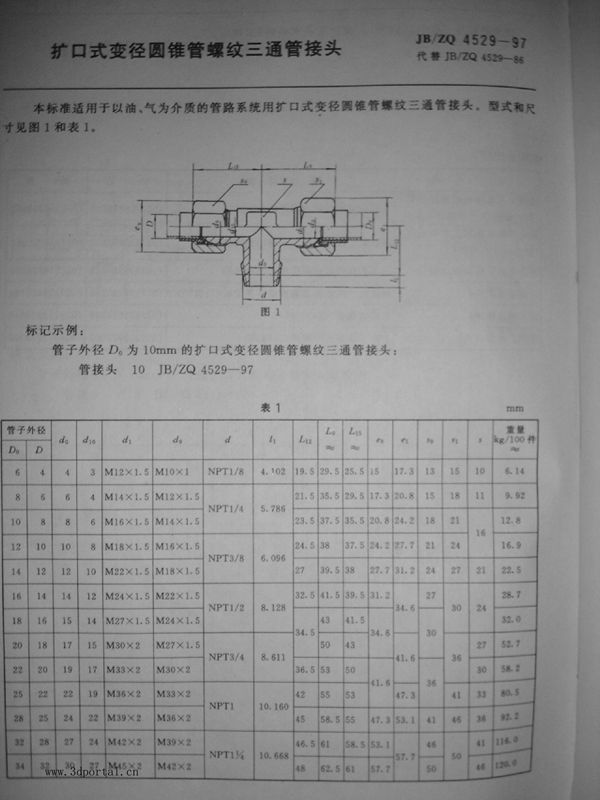 扩口式变径圆锥管螺纹三通管接头 (JB/ZQ 4529-1997)