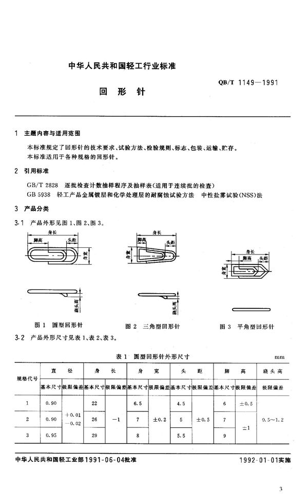 回形针 (QB/T 1149-1991）