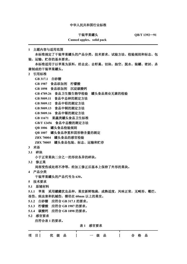 干装苹果罐头 (QB/T 1392-1991)