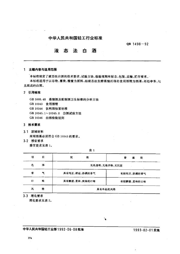 液态法白酒 (QB/T 1498-1992)