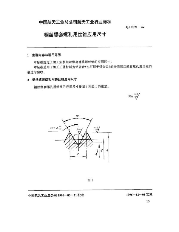 钢丝螺套螺孔用丝锥应用尺寸 (QJ 2821-1996)
