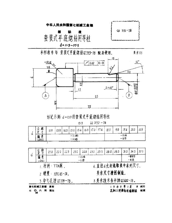 套装式平底锪钻用导柱 d=11.9~37.5 (QJ 392-1978)