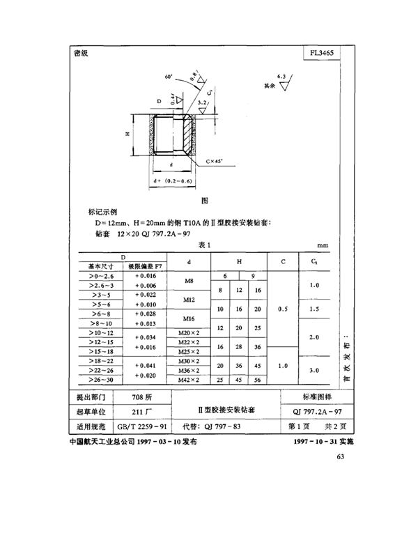 机床夹具零件及部件 Ⅱ型胶接安装钻套 (QJ 797.2A-1997)