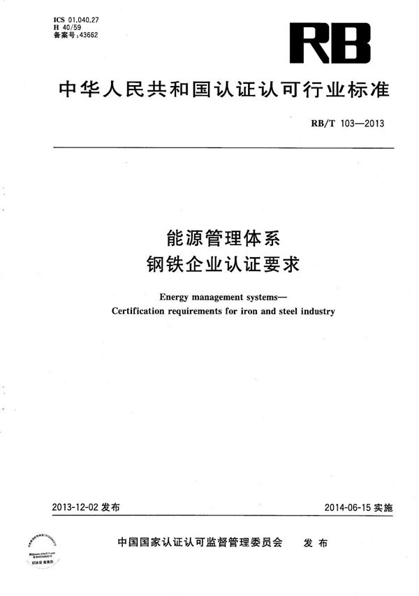 能源管理体系 钢铁企业认证要求 (RB/T 103-2013)