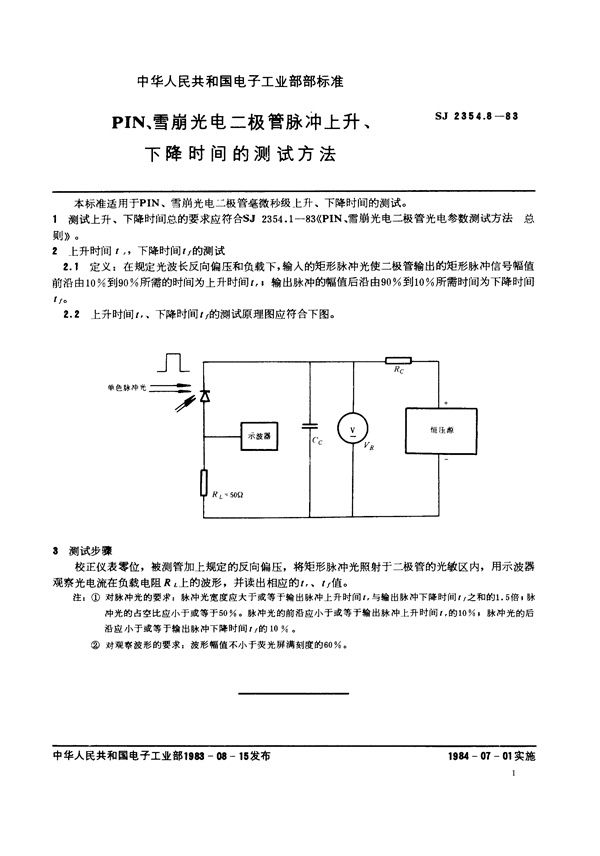 PIN、雪崩光电二极管脉冲上升、下降时间的测试方法 (SJ 2354.8-1983)