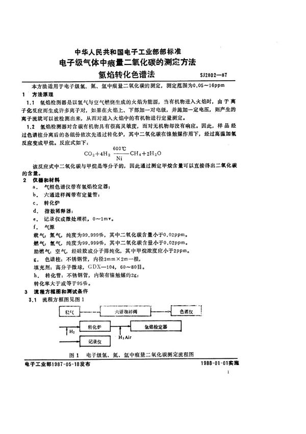 电子级气体中痕量二氧化碳测定方法 氢焰转化色谱法 (SJ 2802-1987)