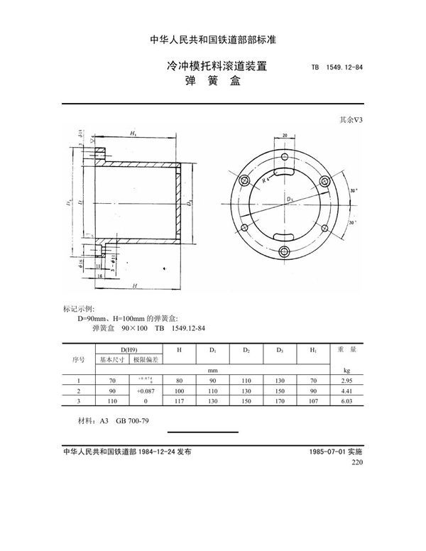 冷冲模托料滚道装置 弹簧盒 (TB 1549.12-1984)