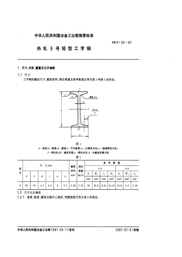 热轧8号轻型工字钢 (YB(T) 65-1987)