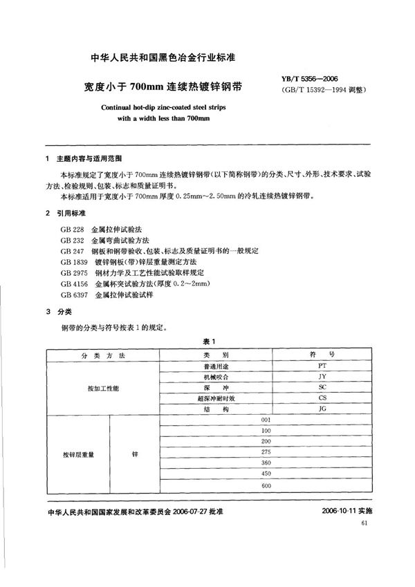 宽度小于700mm连续热镀锌钢带 (YB/T 5356-2006)