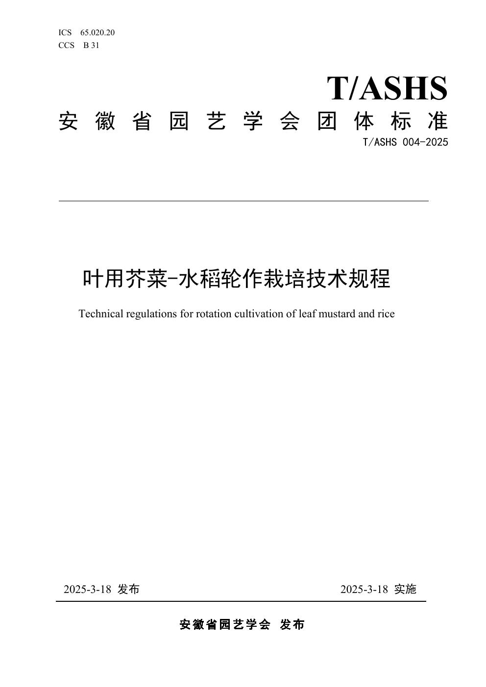 叶用芥菜-水稻轮作栽培技术规程 (T/ASHS 004-2025)