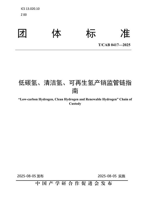 低碳氢、清洁氢、可再生氢产销监管链指南 (T/CAB 0417-2025)