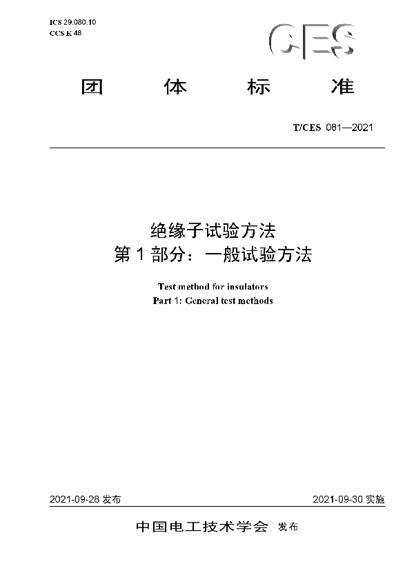 绝缘子试验方法 第1部分:一般试验方法 (T/CES 081-2021)