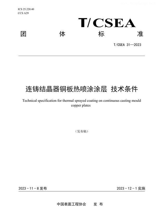 连铸结晶器铜板热喷涂涂层 技术条件 (T/CSEA 31-2023)