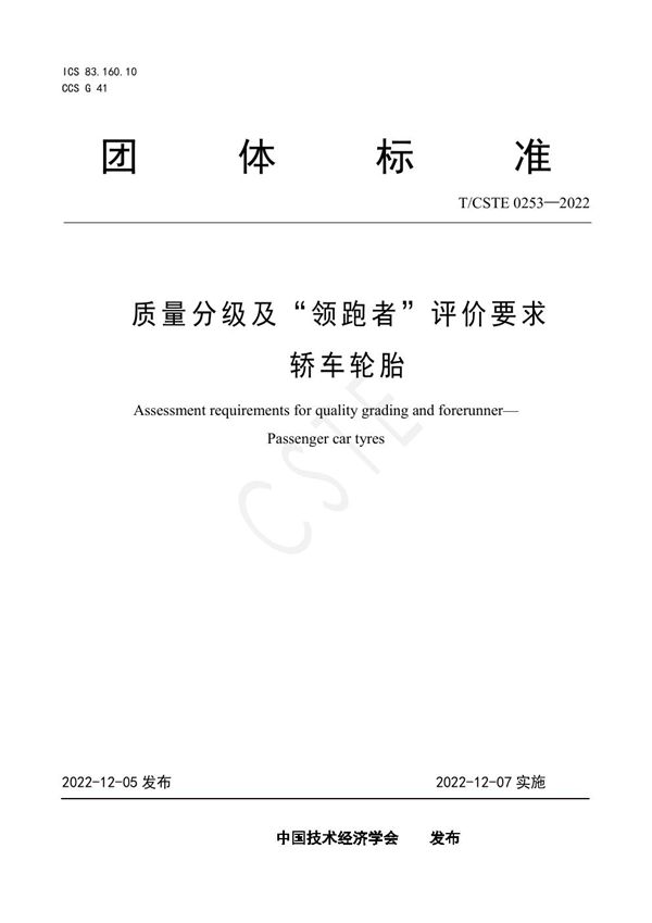 质量分级及“领跑者”评价要求  轿车轮胎 (T/CSTE 0253-2022)