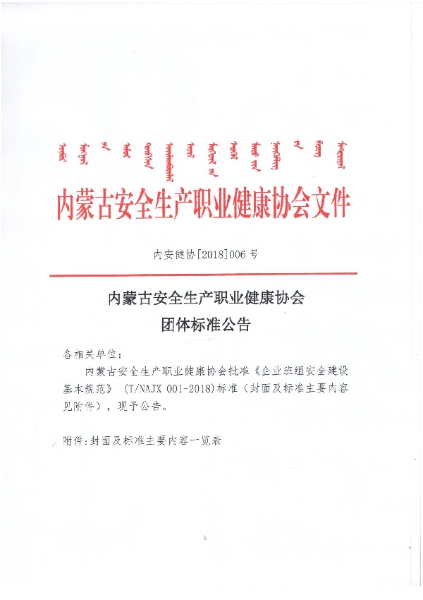 企业班组安全建设基本规范 (T/NAJX 001-2018)