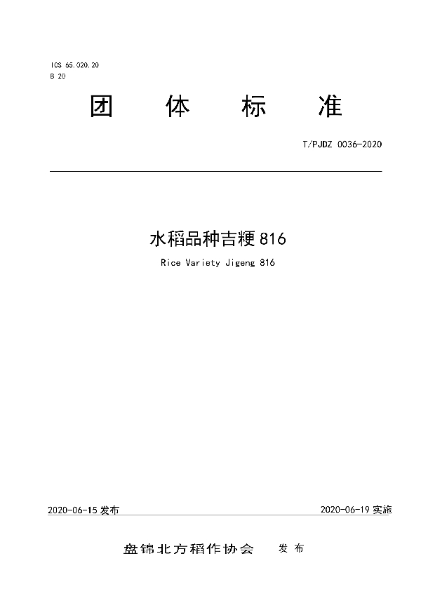 水稻品种  吉粳816 (T/PJDZ 0036-2020)