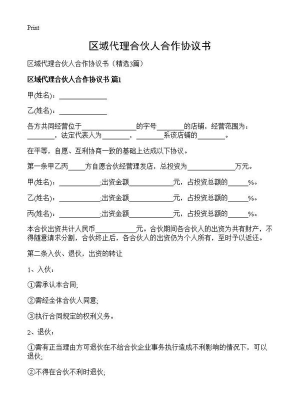 区域代理合伙人合作协议书