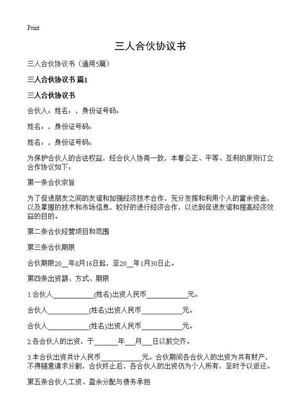 三人合伙协议书
