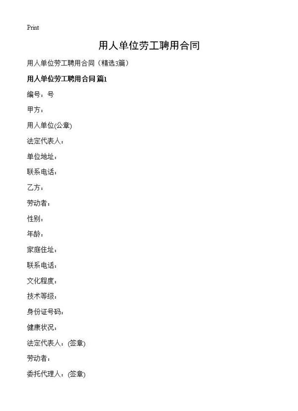 用人单位劳工聘用合同