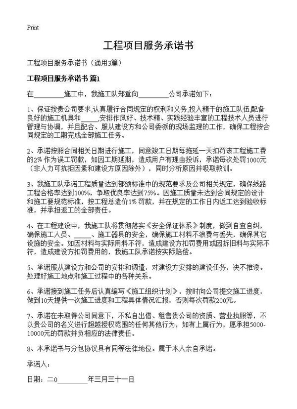 工程项目服务承诺书