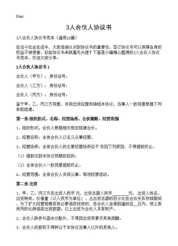 3人合伙人协议书