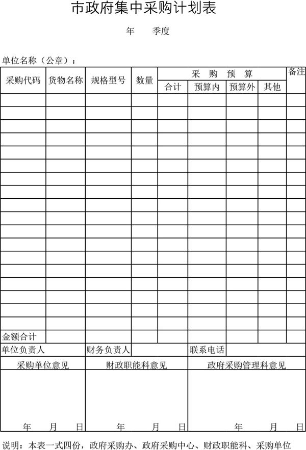 市政府集中采购计划表模板