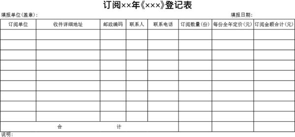 订阅杂志登记表
