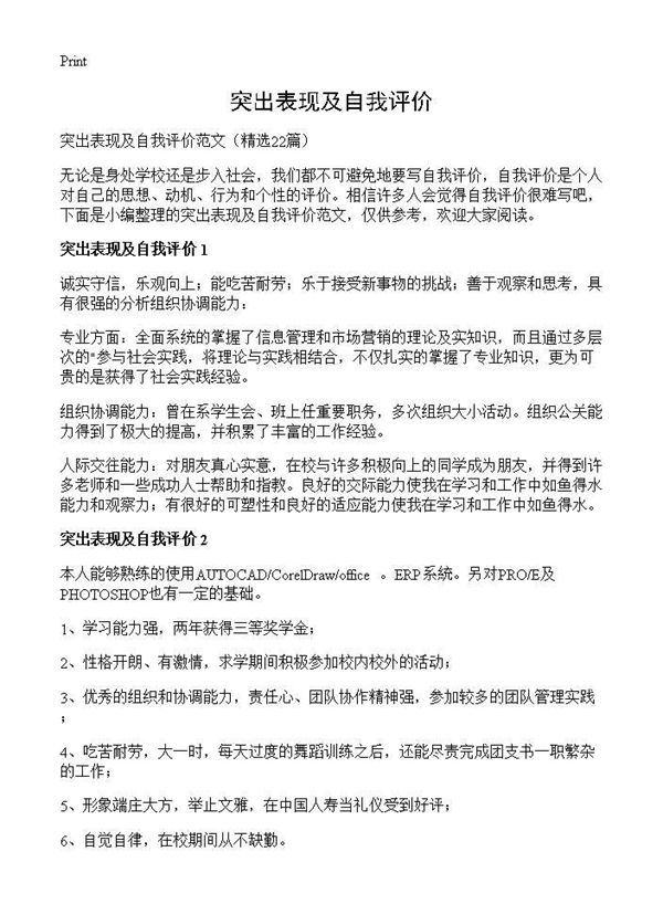 突出表现及自我评价