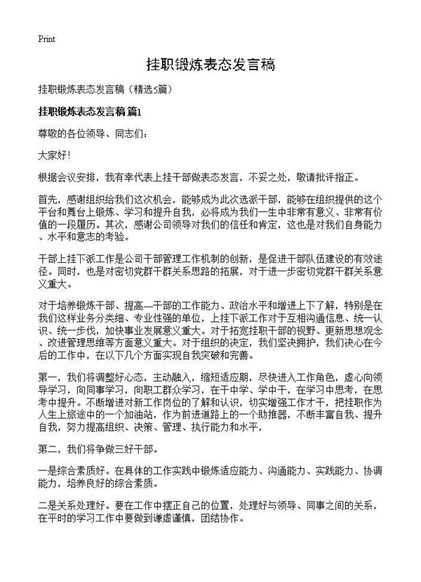挂职锻炼表态发言稿