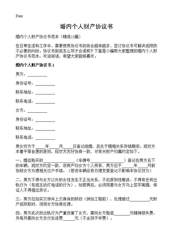 婚内个人财产协议书