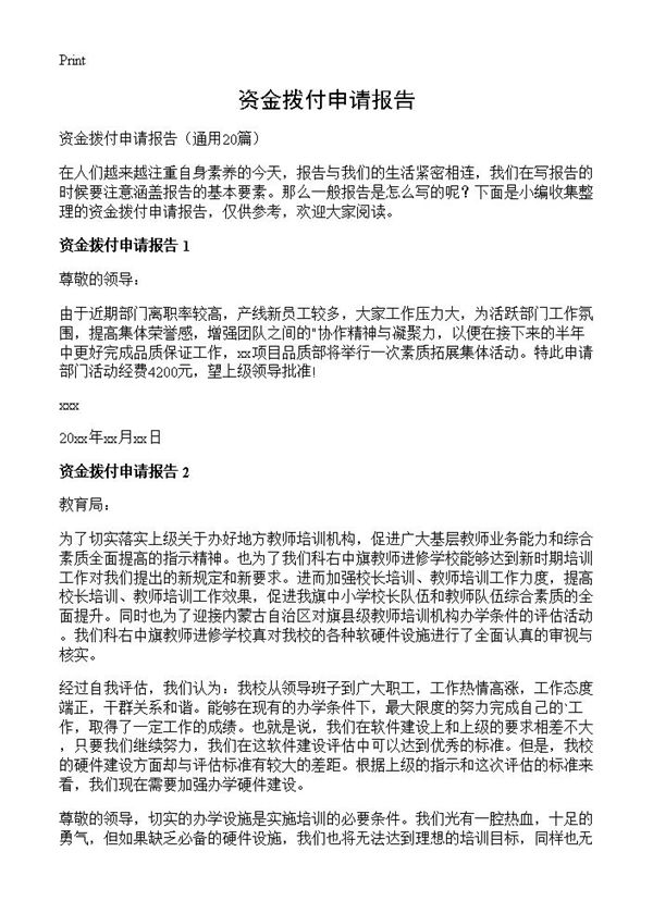 资金拨付申请报告