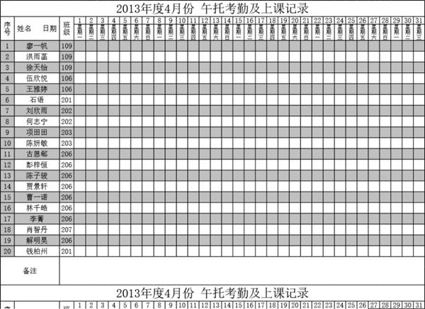 1-2年级 午托学生考勤及上课记录表