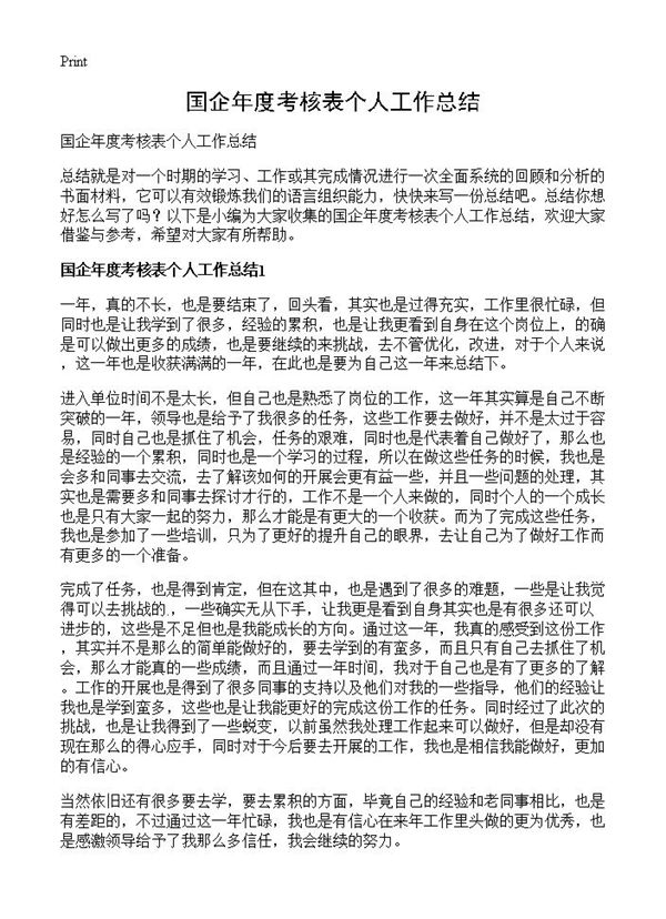 国企年度考核表个人工作总结