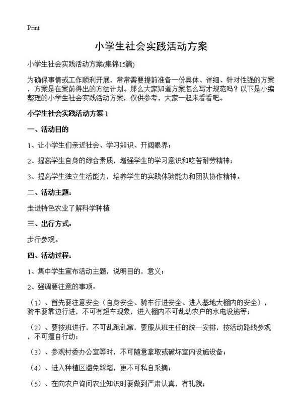小学生社会实践活动方案
