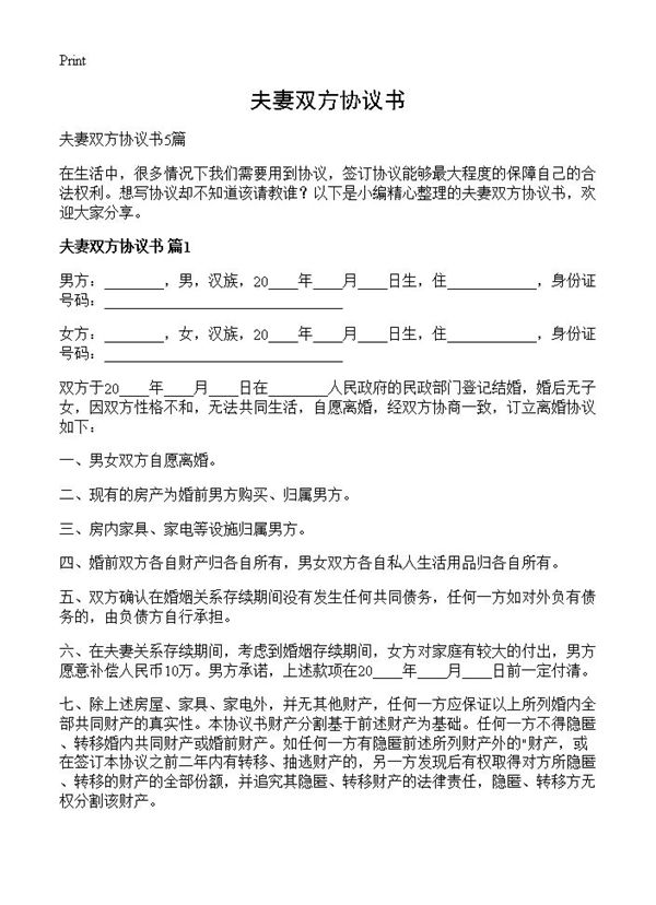 夫妻双方协议书