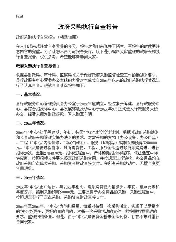 政府采购执行自查报告