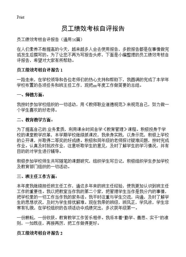 员工绩效考核自评报告